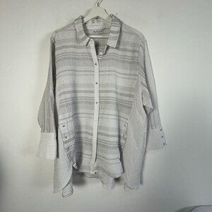 Habitat Womens White Black Striped Textured Button-Up Oversized Shirt Artsy Top